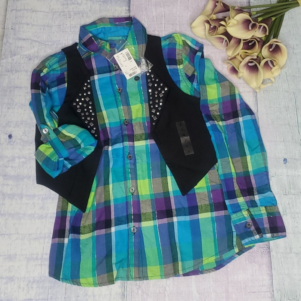 NWT Justice Button Up Plaid Top with Attached Vest